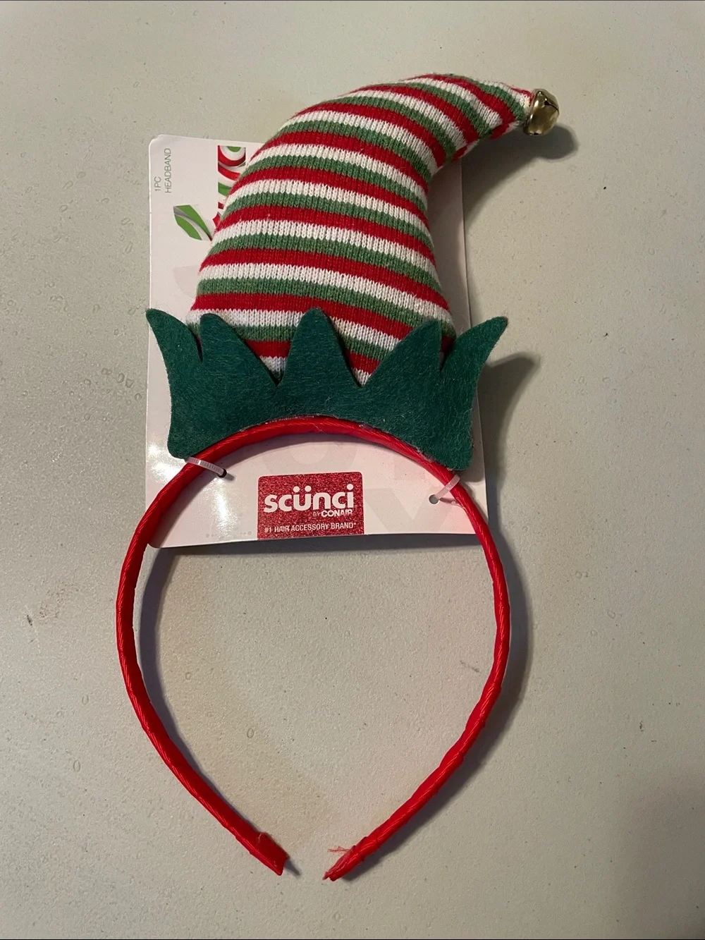 scunci Red, Green & White Striped Elf Hat Headband with Bell